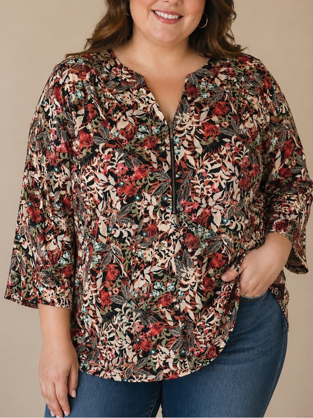 CJ Banks Floral 1/4 Zip Blouse